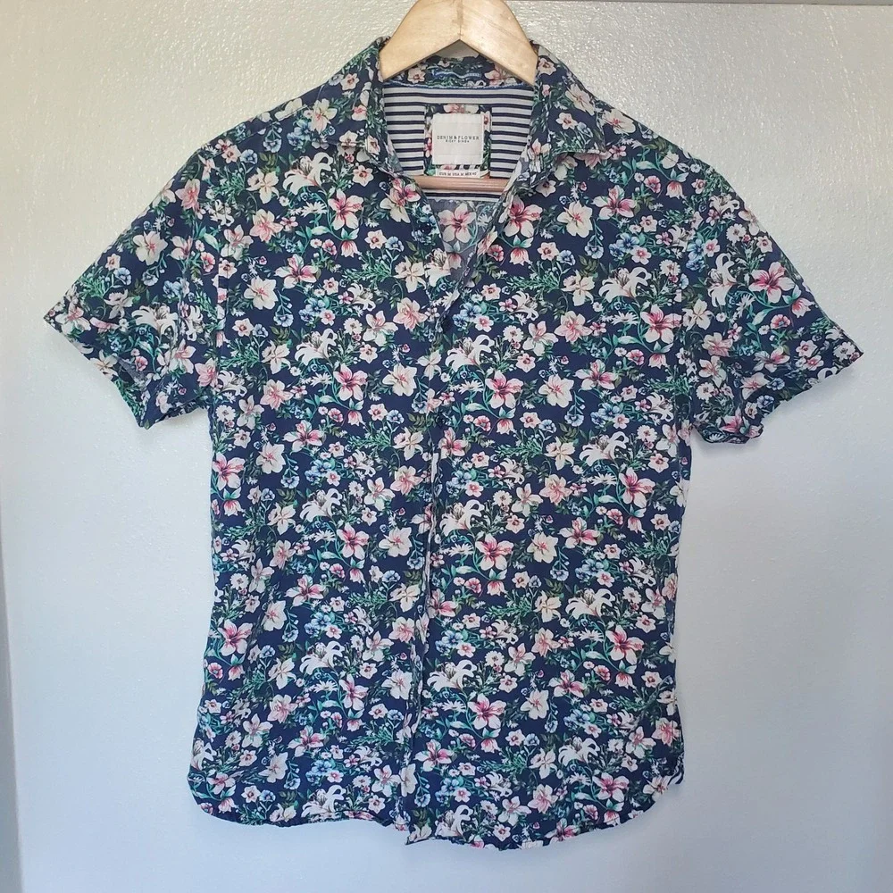 Denim‎ Flower Ricky Singh Mens Short Sleeve Button Up Floral Shirt Medium